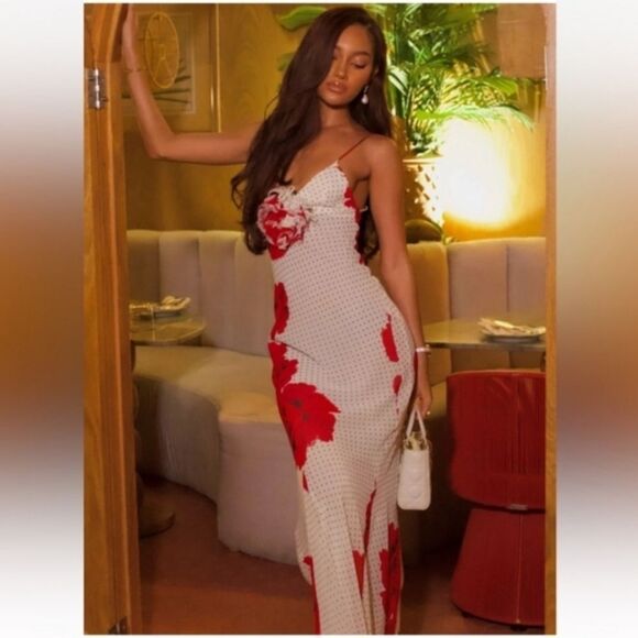 NWT Zara FLORAL PRINT LONG DRESS Polka Dot White And Red Flower - Picture 4 of 16